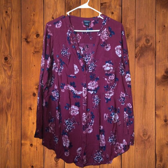 Torrid Women's Plus Size 2 Burgundy Floral Boho Blouse Long Sleeve Button Front - Picture 1 of 4
